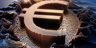 Représentation visuelle en 3D de l'euro, composée de blocs numériques sur un fond varié.