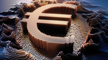 Représentation visuelle en 3D de l'euro, composée de blocs numériques sur un fond varié.